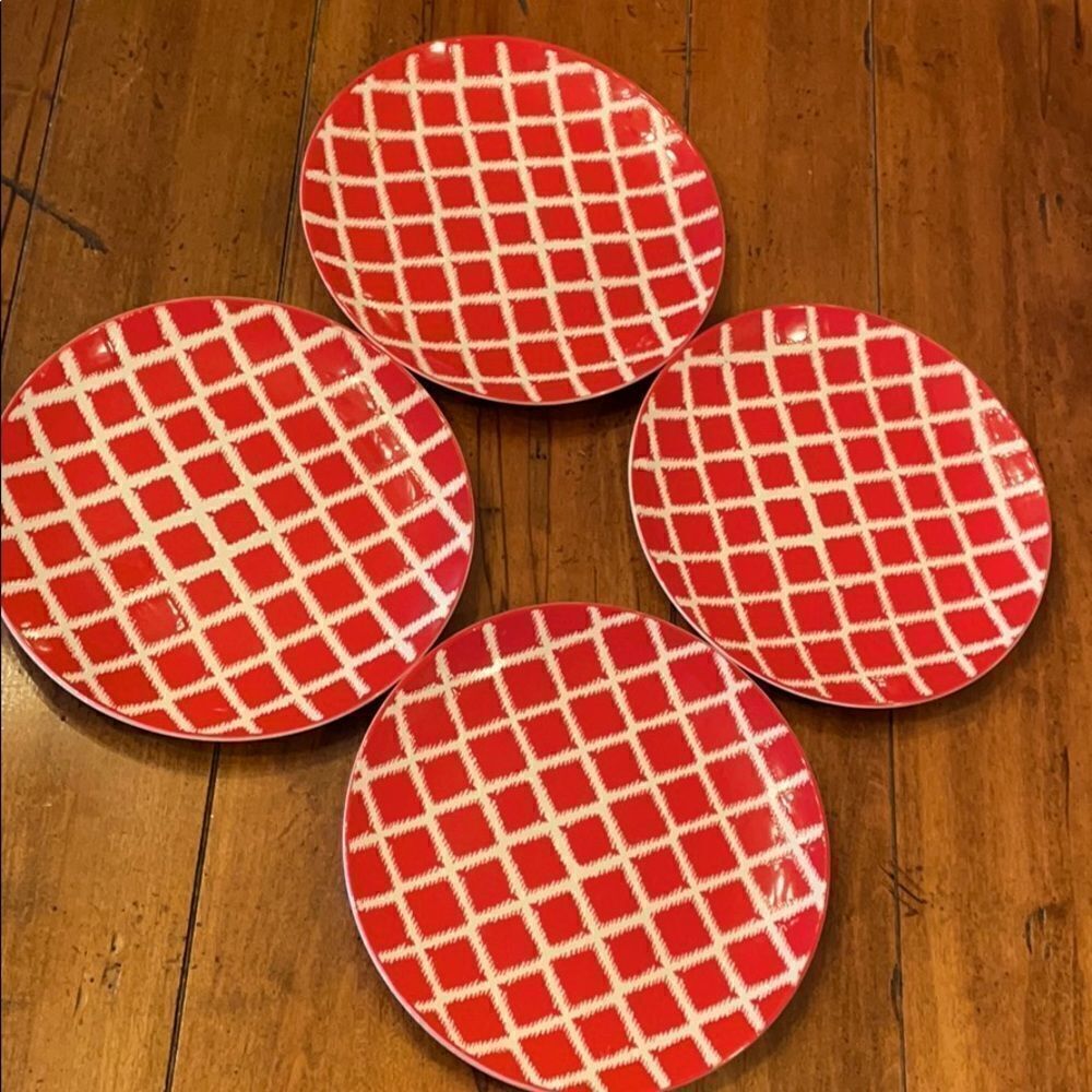 Four American Atelier Plaid Red Appetizer Plates